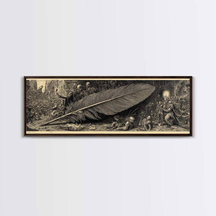 The Raven-Feather Quill, Medieval Grotesque Art, Extra Wide Wall Art, Dark Halloween Decor, Framed Canvas Print, Halloween Wall Art