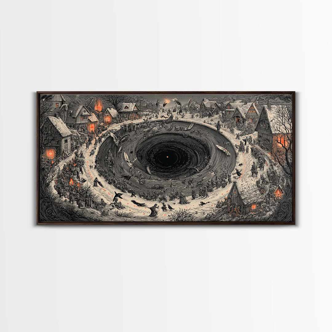 The Raven-Feather Quill, Northern Renaissance Horror, Wide Panoramic Art, Gothic Horror Wall Art, Framed Canvas Print