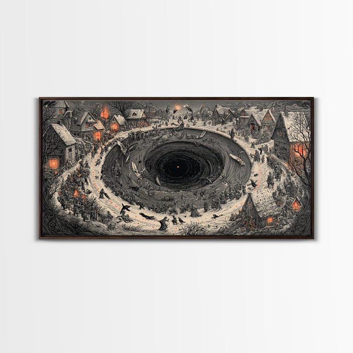 The Raven-Feather Quill, Northern Renaissance Horror, Wide Panoramic Art, Gothic Horror Wall Art, Framed Canvas Print