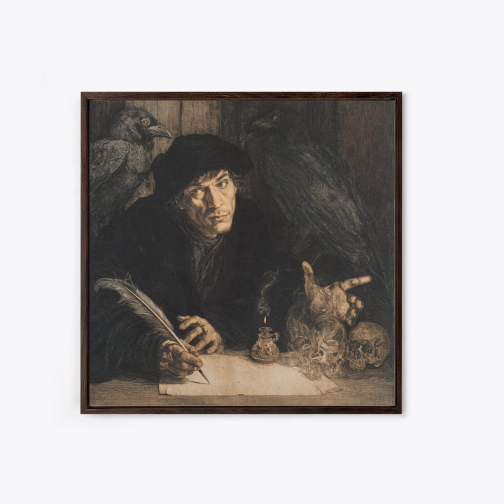 The Raven-Feather Quill, Danse Macabre Art, Square Wall Art, Macabre Wall Art, Framed Canvas Print, Halloween Wall Art