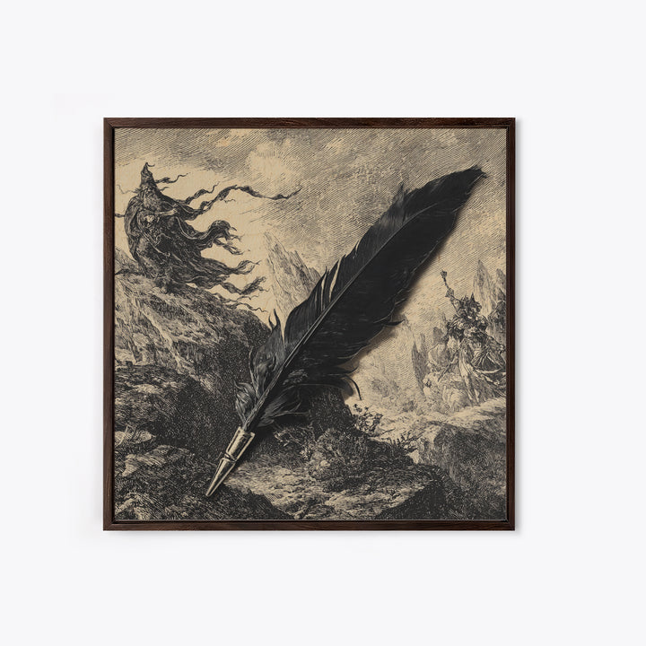 The Raven-Feather Quill, Baroque Witchcraft Art, Square Wall Art, Macabre Wall Art, Framed Canvas Print, Halloween Wall Art