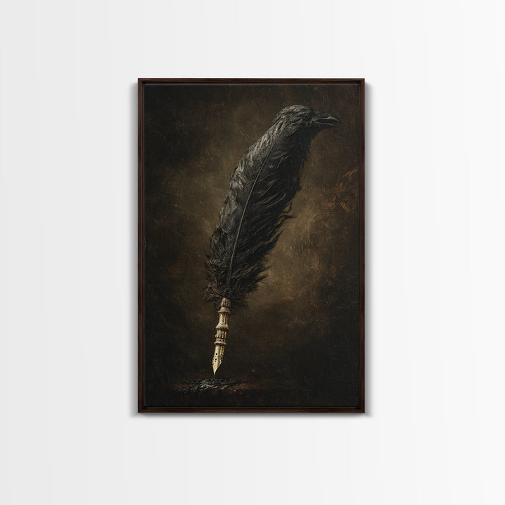 The Raven-Feather Quill, Dark Romantic Horror Art, Vertical Wall Art, Gothic Horror Wall Art, Framed Canvas Print, Halloween Wall Art
