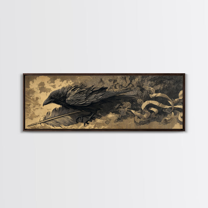 The Raven-Feather Quill, Apocalyptic Romantic Art, Extra Wide Wall Art, Dark Halloween Decor, Framed Canvas Print, Halloween Wall Art