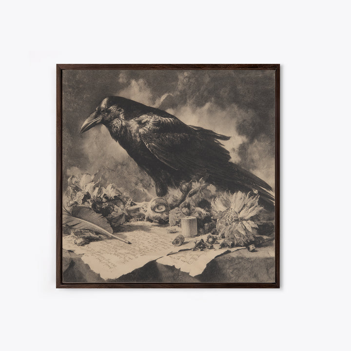 The Raven-Feather Quill, Symbolist Dream Art, Square Wall Art, Dark Halloween Decor, Framed Canvas Print, Halloween Wall Art