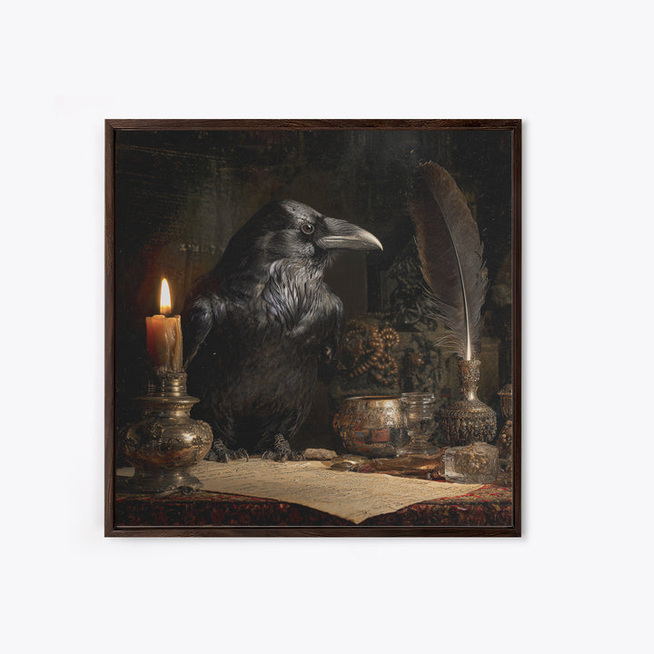 The Raven-Feather Quill, Ornate Symbolist Art, Square Wall Art, Macabre Wall Art, Canvas Print, Halloween Wall Art, Gothic Home Decor