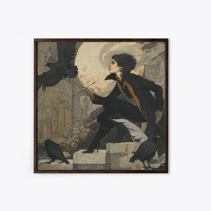 The Raven-Feather Quill, Symbolist Death Art, Square Wall Art, Gothic Horror Wall Art, Canvas Print, Halloween Wall Art