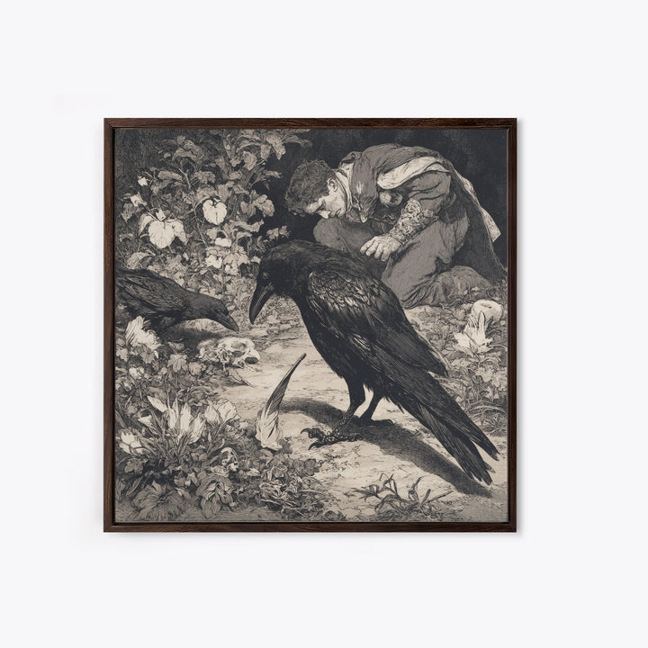 The Raven-Feather Quill, Symbolist Etching Art, Square Wall Art, Gothic Horror Wall Art, Framed Canvas Print, Halloween Wall Art