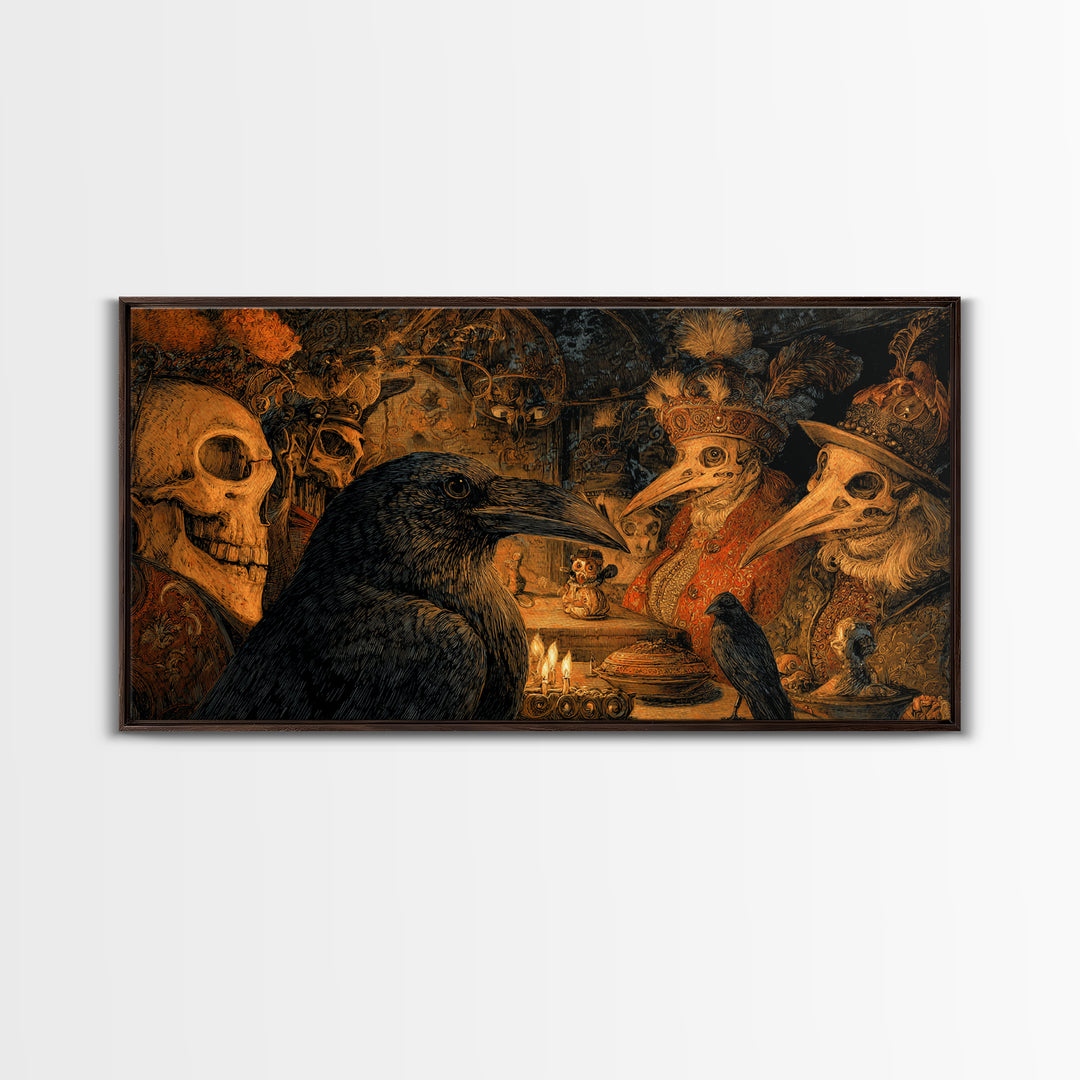 The Raven-Feather Quill, Grotesque Carnival Art, Wide Panoramic Art, Dark Fantasy Wall Art, Framed Canvas Print, Halloween Wall Art