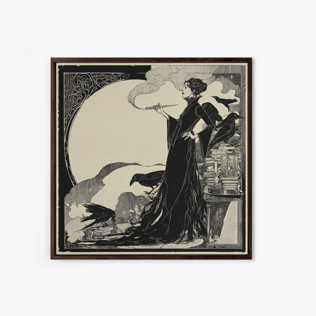 The Raven-Feather Quill, Decadent Line Art, Square Wall Art, Dark Fantasy Wall Art, Framed Canvas Print, Halloween Wall Art