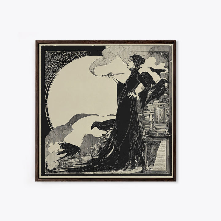 The Raven-Feather Quill, Decadent Line Art, Square Wall Art, Dark Fantasy Wall Art, Framed Canvas Print, Halloween Wall Art