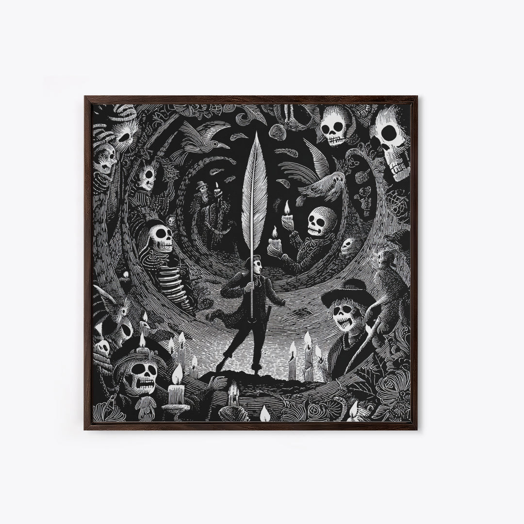 The Raven-Feather Quill, Macabre Folk Print Art, Square Wall Art, Gothic Horror Wall Art, Canvas Print, Halloween Wall Art