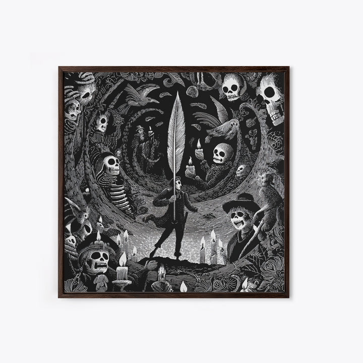 The Raven-Feather Quill, Macabre Folk Print Art, Square Wall Art, Gothic Horror Wall Art, Canvas Print, Halloween Wall Art