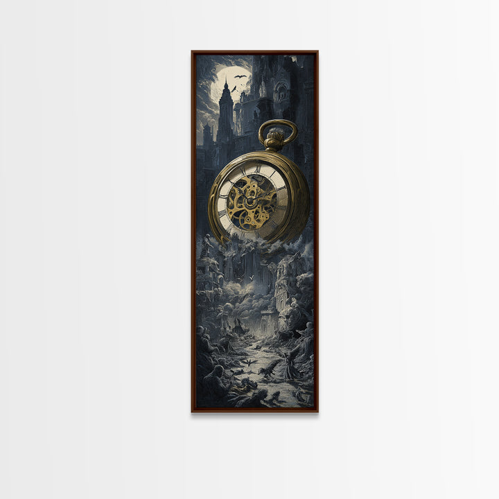 The Cursed Pocket Watch, Gothic Engraving Art, Tall Narrow Wall Art, Dark Halloween Decor, Framed Canvas Print, Halloween Wall Art