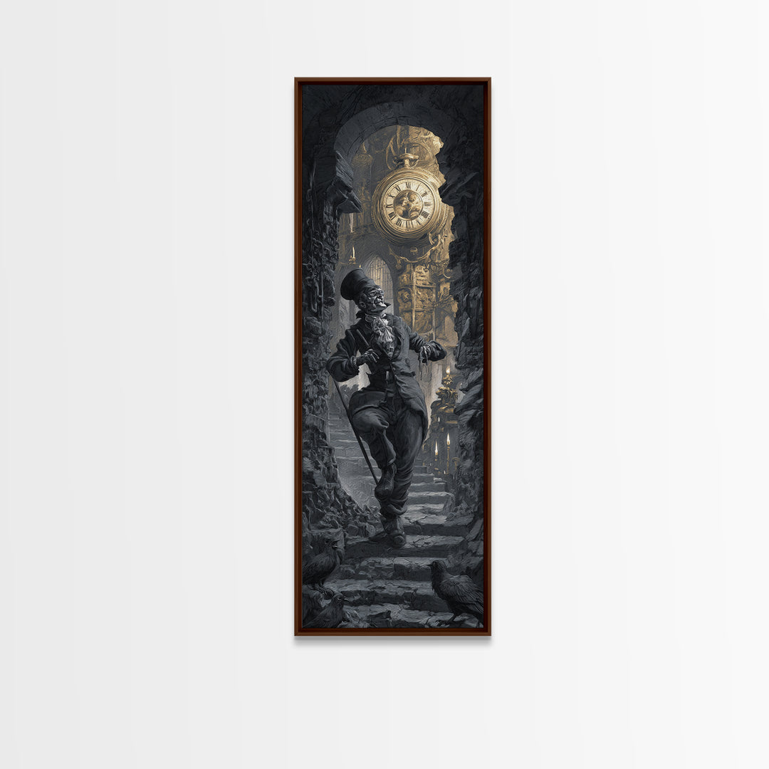 The Cursed Pocket Watch, Architectural Etching Art, Tall Narrow Wall Art, Dark Halloween Decor, Framed Canvas Print