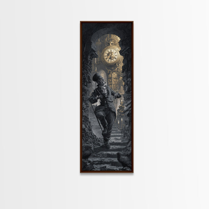 The Cursed Pocket Watch, Architectural Etching Art, Tall Narrow Wall Art, Dark Halloween Decor, Framed Canvas Print