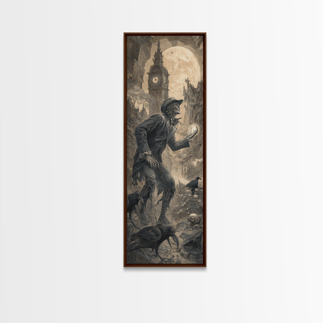 The Cursed Pocket Watch, Surreal Apocalyptic Art, Tall Narrow Wall Art, Macabre Wall Art, Framed Canvas Print, Halloween Wall Art
