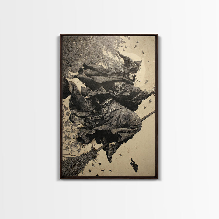 The Witch'S Broom, Renaissance Engraving Art, Vertical Wall Art, Gothic Horror Wall Art, Canvas Print, Halloween Wall Art