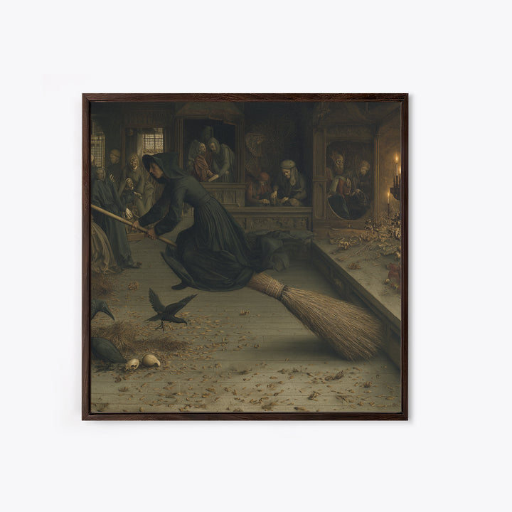 The Witch'S Broom, Danse Macabre Art, Square Wall Art, Dark Halloween Decor, Framed Canvas Print, Halloween Wall Art