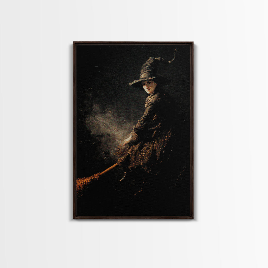 The Witch'S Broom, Dark Romantic Horror Art, Vertical Wall Art, Dark Halloween Decor, Framed Canvas Print, Halloween Wall Art