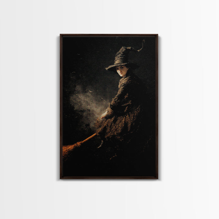 The Witch'S Broom, Dark Romantic Horror Art, Vertical Wall Art, Dark Halloween Decor, Framed Canvas Print, Halloween Wall Art