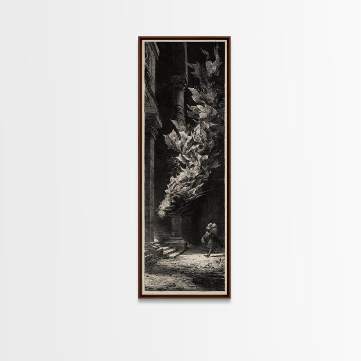 The Witch'S Broom, Architectural Etching Art, Tall Narrow Wall Art, Dark Fantasy Wall Art, Framed Canvas Print