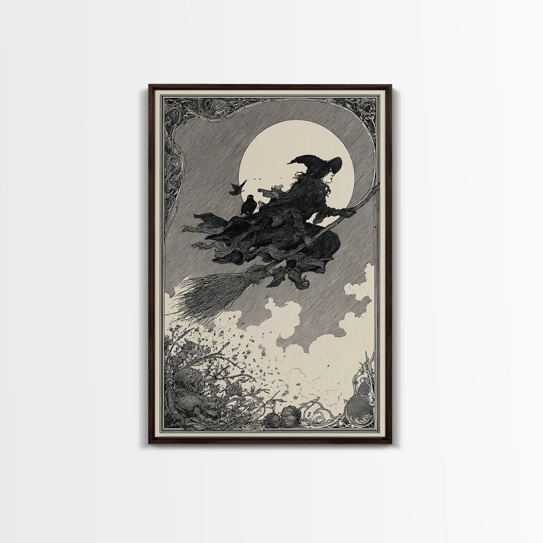 The Witch'S Broom, Decadent Line Art, Vertical Wall Art, Macabre Wall Art, Canvas Print, Halloween Wall Art, Gothic Home Decor