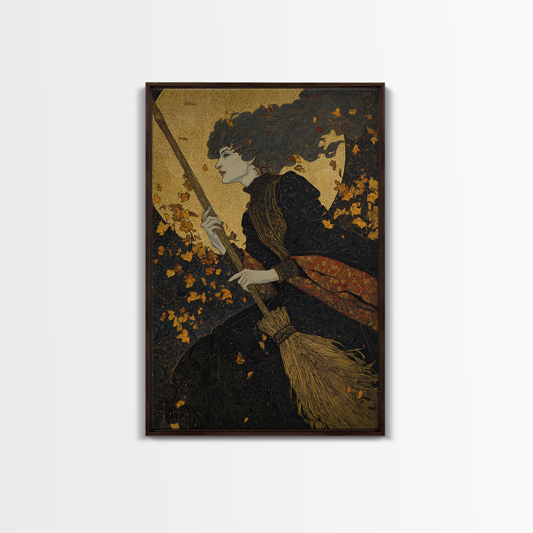 The Witch'S Broom, Stained Glass Gothic Art, Vertical Wall Art, Macabre Wall Art, Framed Canvas Print, Halloween Wall Art