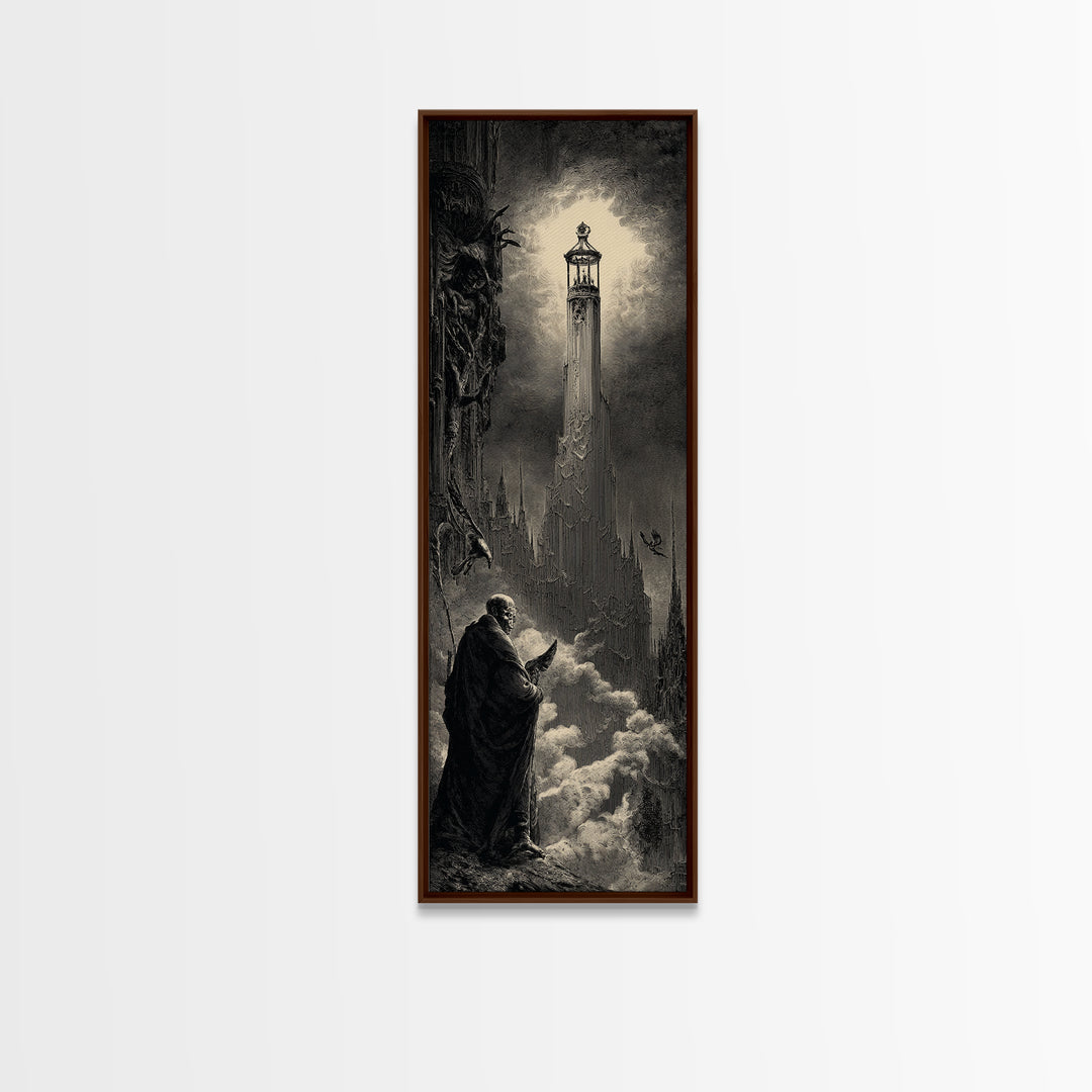 The Bone-Handled Lantern, Gothic Engraving Art, Tall Narrow Wall Art, Dark Halloween Decor, Framed Canvas Print, Halloween Wall Art