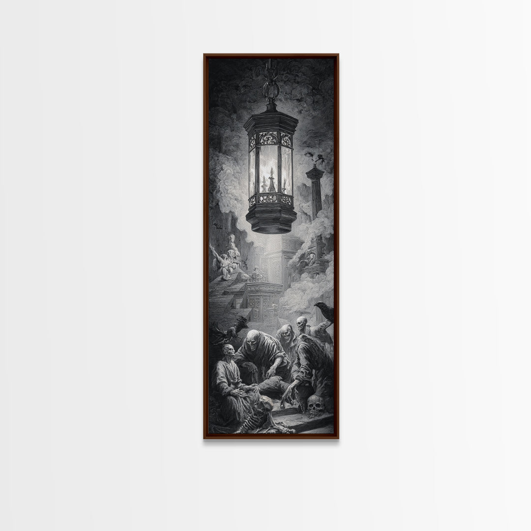 The Bone-Handled Lantern, Architectural Etching Art, Tall Narrow Wall Art, Dark Fantasy Wall Art, Framed Canvas Print