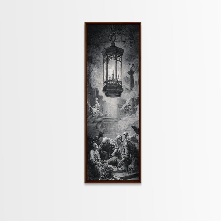 The Bone-Handled Lantern, Architectural Etching Art, Tall Narrow Wall Art, Dark Fantasy Wall Art, Framed Canvas Print