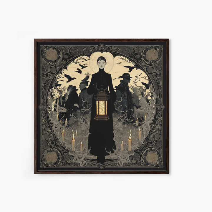 The Bone-Handled Lantern, Decadent Line Art, Square Wall Art, Gothic Horror Wall Art, Framed Canvas Print, Halloween Wall Art