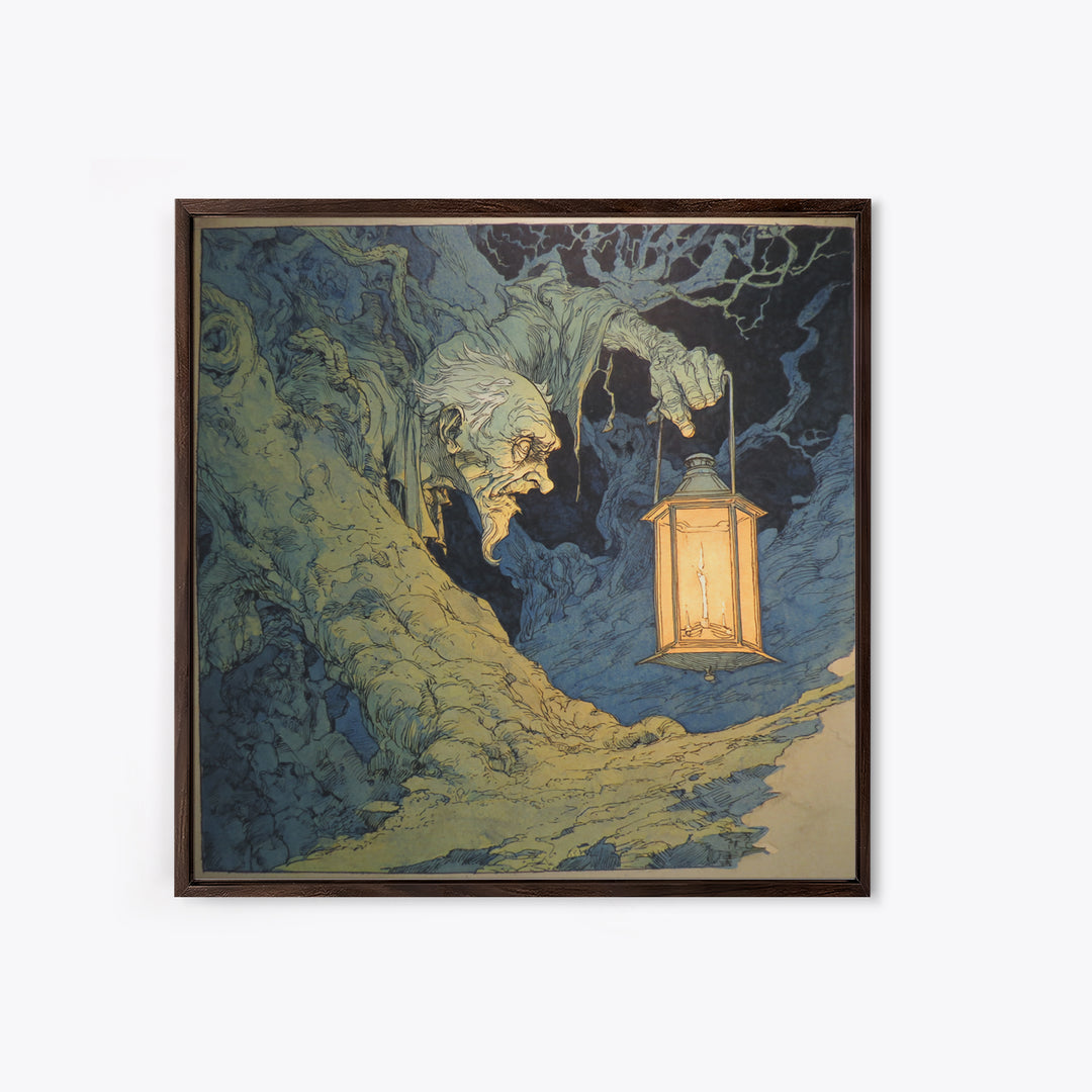 The Bone-Handled Lantern, Gothic Storybook Art, Square Wall Art, Gothic Horror Wall Art, Framed Canvas Print, Halloween Wall Art