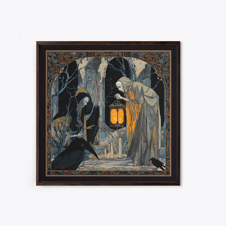 The Bone-Handled Lantern, Stained Glass Gothic Art, Square Wall Art, Gothic Horror Wall Art, Framed Canvas Print, Halloween Wall Art