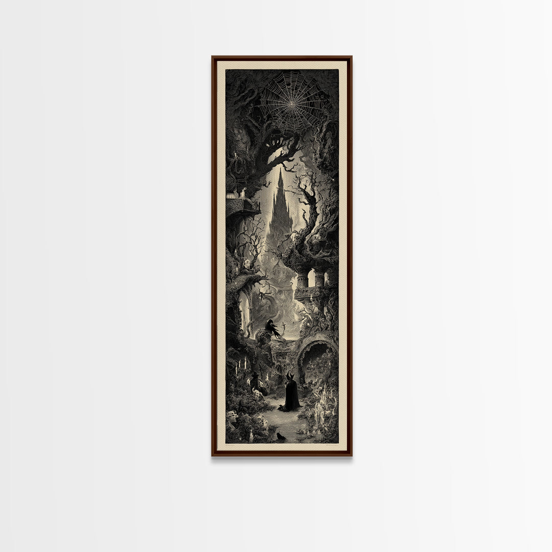 The Spiderweb Crown, Gothic Engraving Art, Tall Narrow Wall Art, Dark Fantasy Wall Art, Framed Canvas Print, Halloween Wall Art