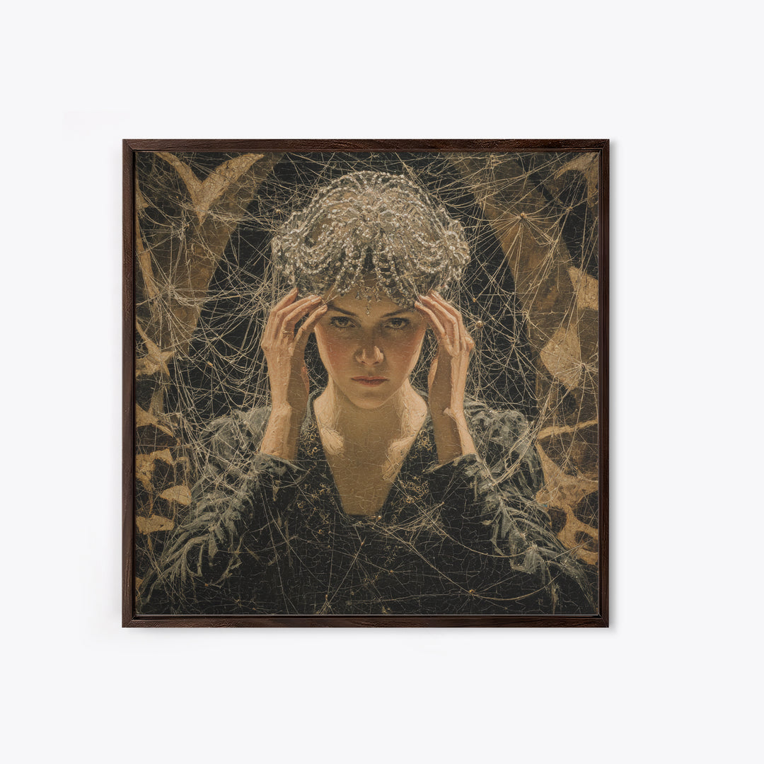 The Spiderweb Crown, Dark Symbolist Art, Square Wall Art, Dark Halloween Decor, Framed Canvas Print, Halloween Wall Art