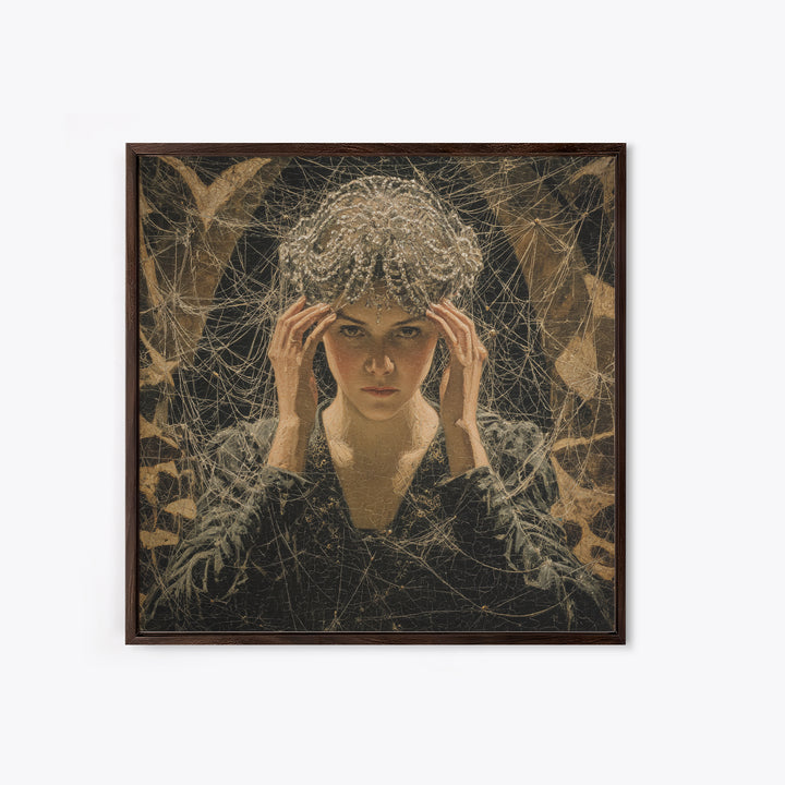 The Spiderweb Crown, Dark Symbolist Art, Square Wall Art, Dark Halloween Decor, Framed Canvas Print, Halloween Wall Art