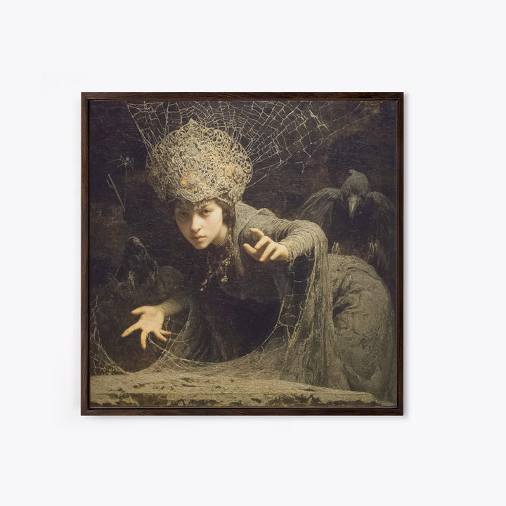The Spiderweb Crown, Symbolist Etching Art, Square Wall Art, Dark Fantasy Wall Art, Canvas Print, Halloween Wall Art