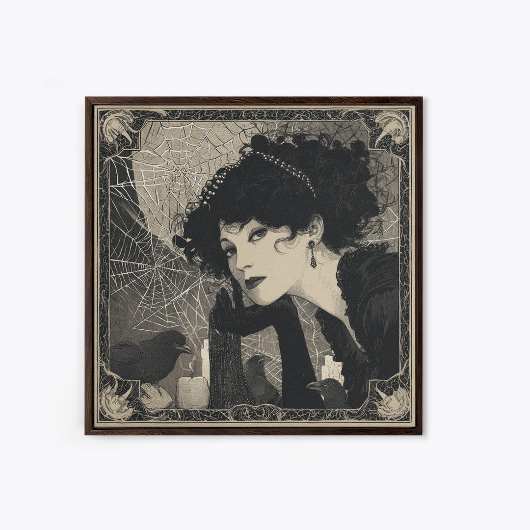 The Spiderweb Crown, Decadent Line Art, Square Wall Art, Gothic Horror Wall Art, Canvas Print, Halloween Wall Art