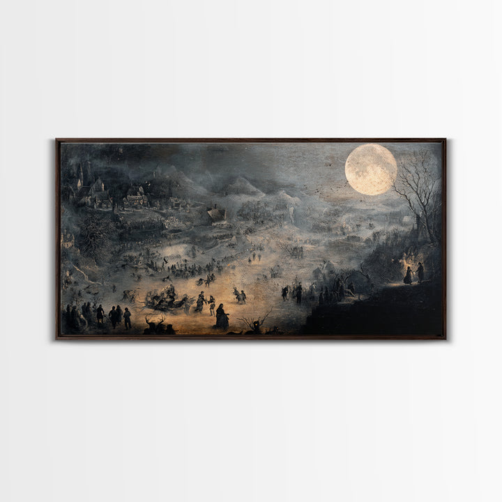 The Moonstone Amulet, Northern Renaissance Horror, Wide Panoramic Art, Dark Halloween Decor, Framed Canvas Print