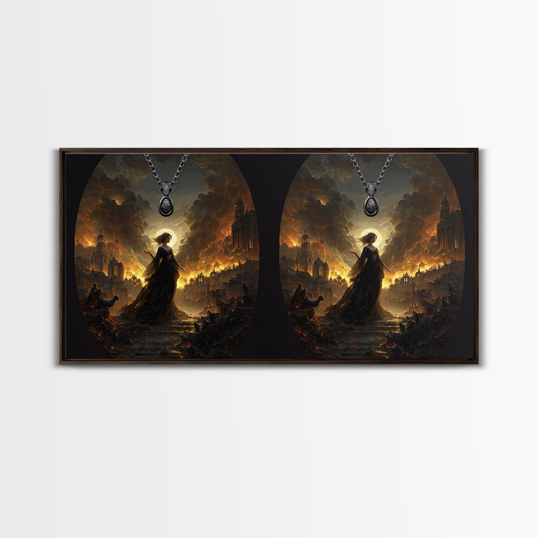 The Moonstone Amulet, Apocalyptic Romantic Art, Wide Panoramic Art, Dark Fantasy Wall Art, Framed Canvas Print, Halloween Wall Art