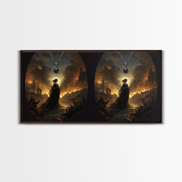 The Moonstone Amulet, Apocalyptic Romantic Art, Wide Panoramic Art, Dark Fantasy Wall Art, Framed Canvas Print, Halloween Wall Art