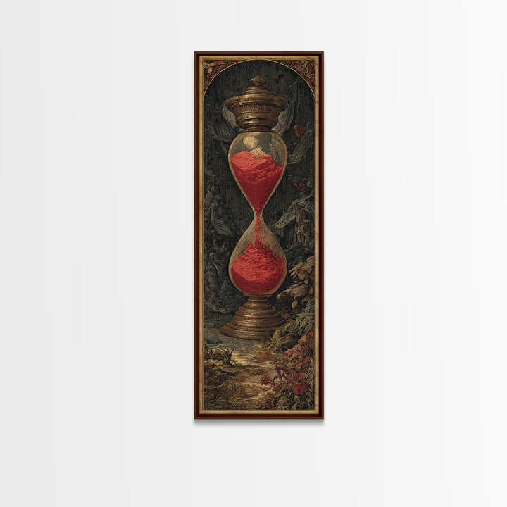 The Crimson Hourglass, Gothic Engraving Art, Tall Narrow Wall Art, Dark Halloween Decor, Framed Canvas Print, Halloween Wall Art