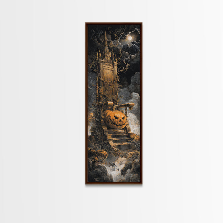 The Jack-O'-Lantern Throne, Gothic Engraving Art, Tall Narrow Wall Art, Dark Halloween Decor, Framed Canvas Print, Halloween Wall Art