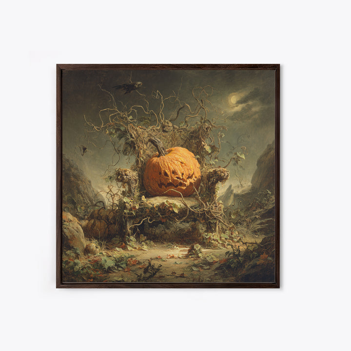 The Jack-O'-Lantern Throne, Baroque Witchcraft Art, Square Wall Art, Dark Halloween Decor, Framed Canvas Print, Halloween Wall Art