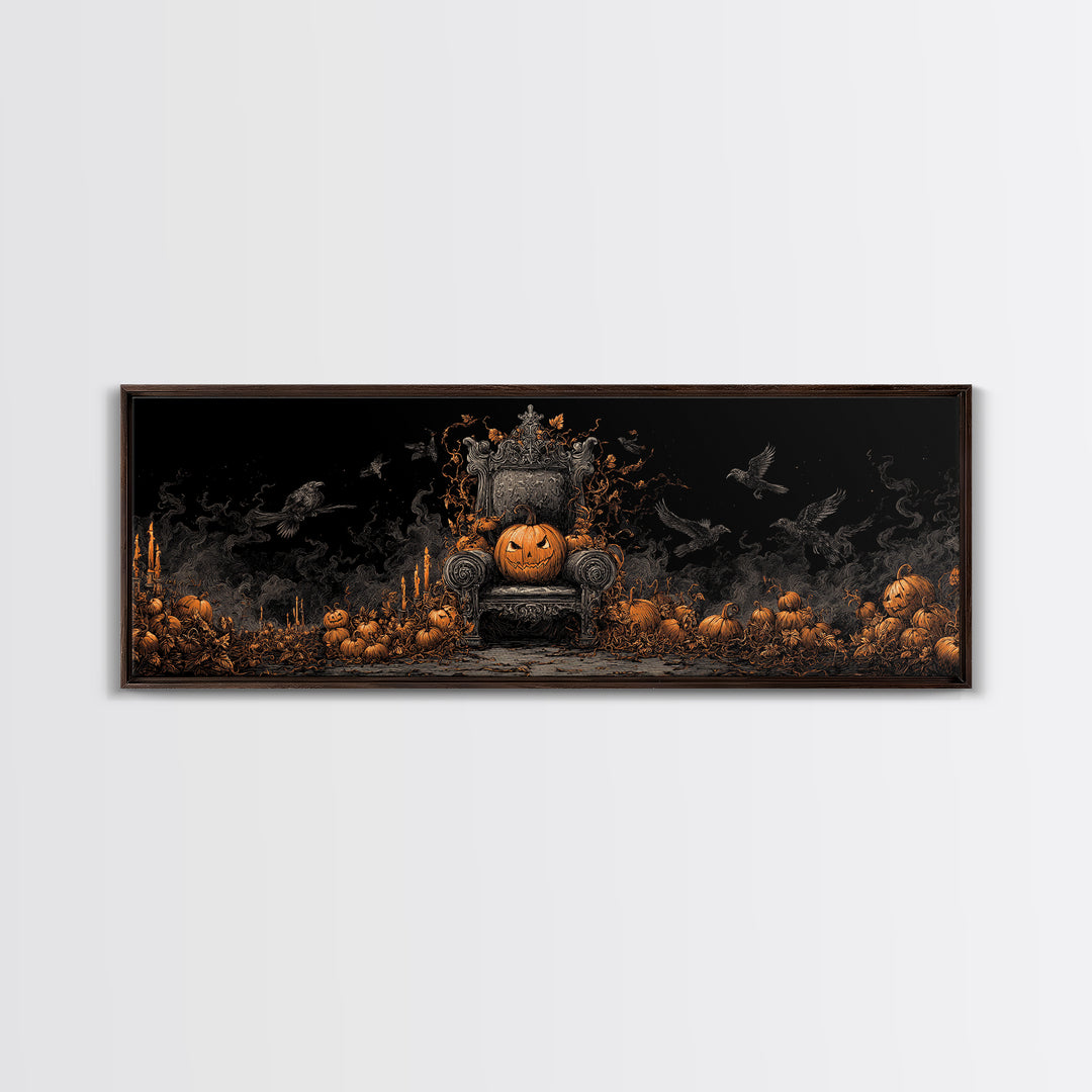 The Jack-O'-Lantern Throne, Dark Romantic Horror Art, Extra Wide Wall Art, Macabre Wall Art, Framed Canvas Print, Halloween Wall Art