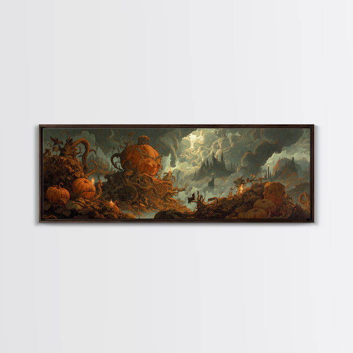 The Jack-O'-Lantern Throne, Apocalyptic Romantic Art, Extra Wide Wall Art, Macabre Wall Art, Framed Canvas Print, Halloween Wall Art