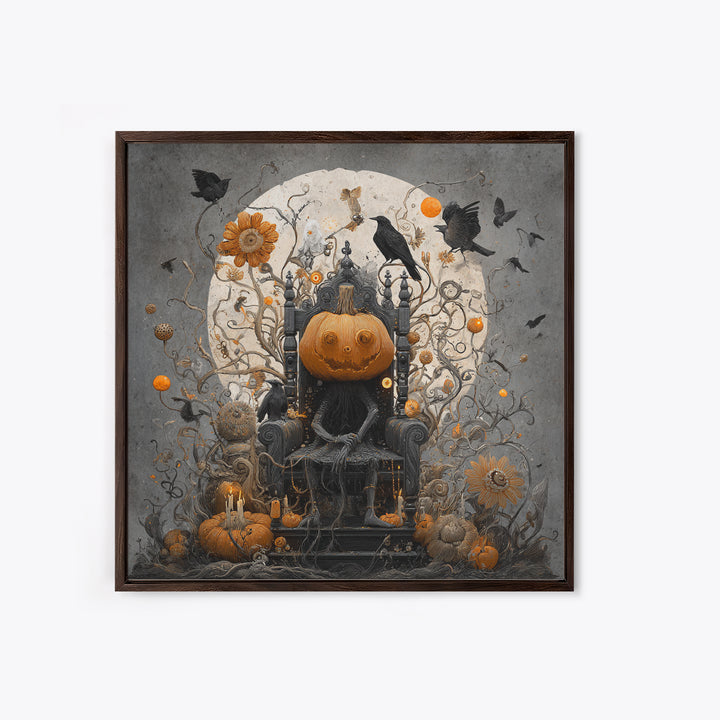 The Jack-O'-Lantern Throne, Symbolist Dream Art, Square Wall Art, Dark Fantasy Wall Art, Framed Canvas Print, Halloween Wall Art