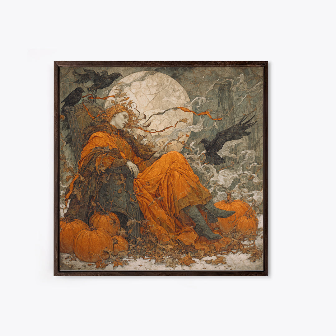 The Jack-O'-Lantern Throne, Symbolist Death Art, Square Wall Art, Dark Fantasy Wall Art, Framed Canvas Print, Halloween Wall Art