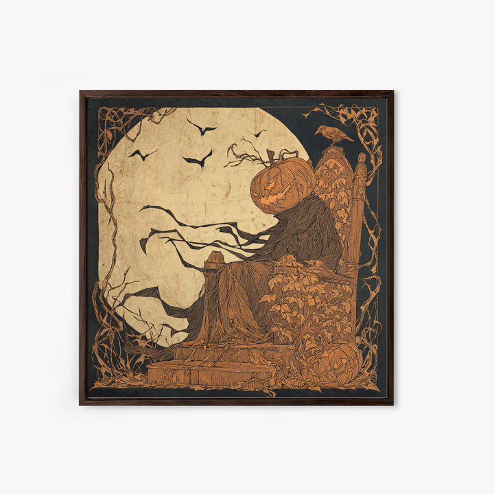 The Jack-O'-Lantern Throne, Decadent Line Art, Square Wall Art, Dark Halloween Decor, Framed Canvas Print, Halloween Wall Art