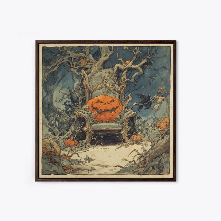 The Jack-O'-Lantern Throne, Gothic Storybook Art, Square Wall Art, Macabre Wall Art, Canvas Print, Halloween Wall Art